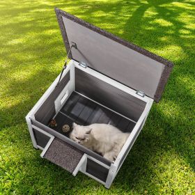Outdoor Cat House Wooden Feral Cat Shelter With Roof Door Flaps & Window (Option: GREY)