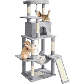 ABCPET 63-inch Multi-level Cat Climbing Frame, Indoor Cat Sisal Scratch Post, Cat Bed, Hammock, Hanging Ball, Extension Platform,Self-pickup Only (Option: Light Grey)