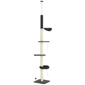 Floor To Ceiling Cat Tree, 5-Tier Cat Climbing Tower, 95-106 Height Adjustable with Carpeted Platforms, Cozy Bed, Hammock, Scratching Post & Toy (Option: Black, Cream-480x230x480 mm)
