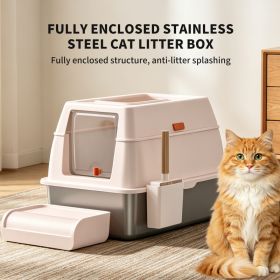 Dual Entry Cat Litter Box Stainless Steel Anti-Splashing Kitty Litter Pan With Scoop & Pedal (Option: Pink)